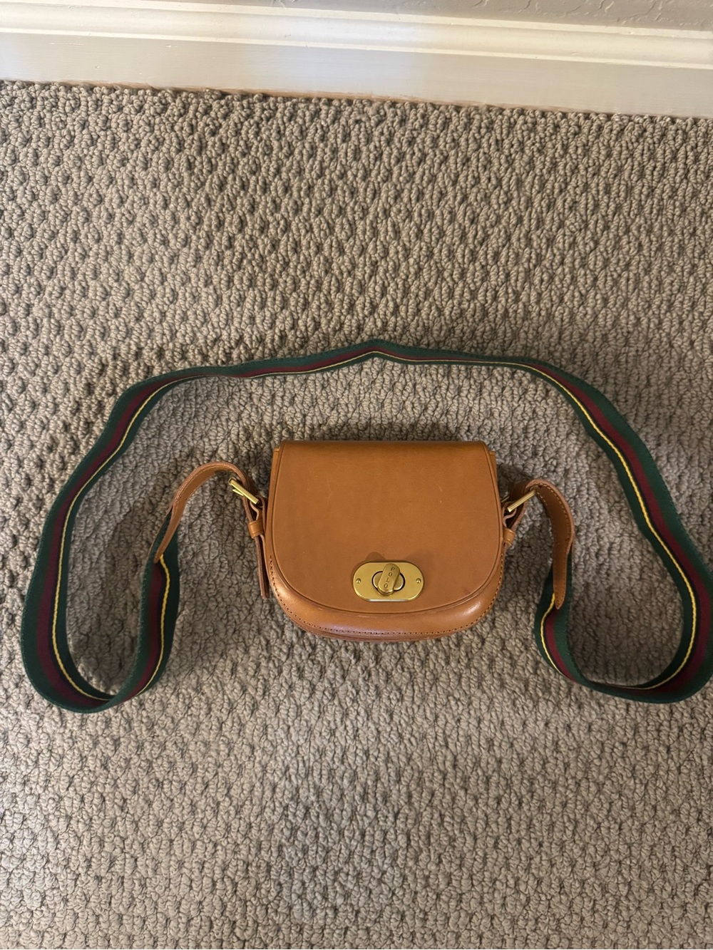 Ralph Lauren Polo Leather Crossbody Saddle Bag with Striped Strap - Tan